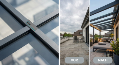 Detailansicht Holz-Aluminium Verbindung Überdachung