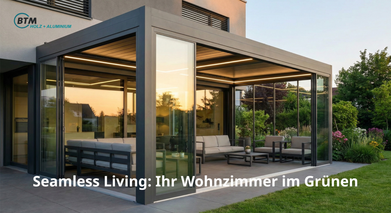 Moderne Terrassenüberdachung aus Aluminium und Glas in Anthrazit von BTM Holz + Alu
