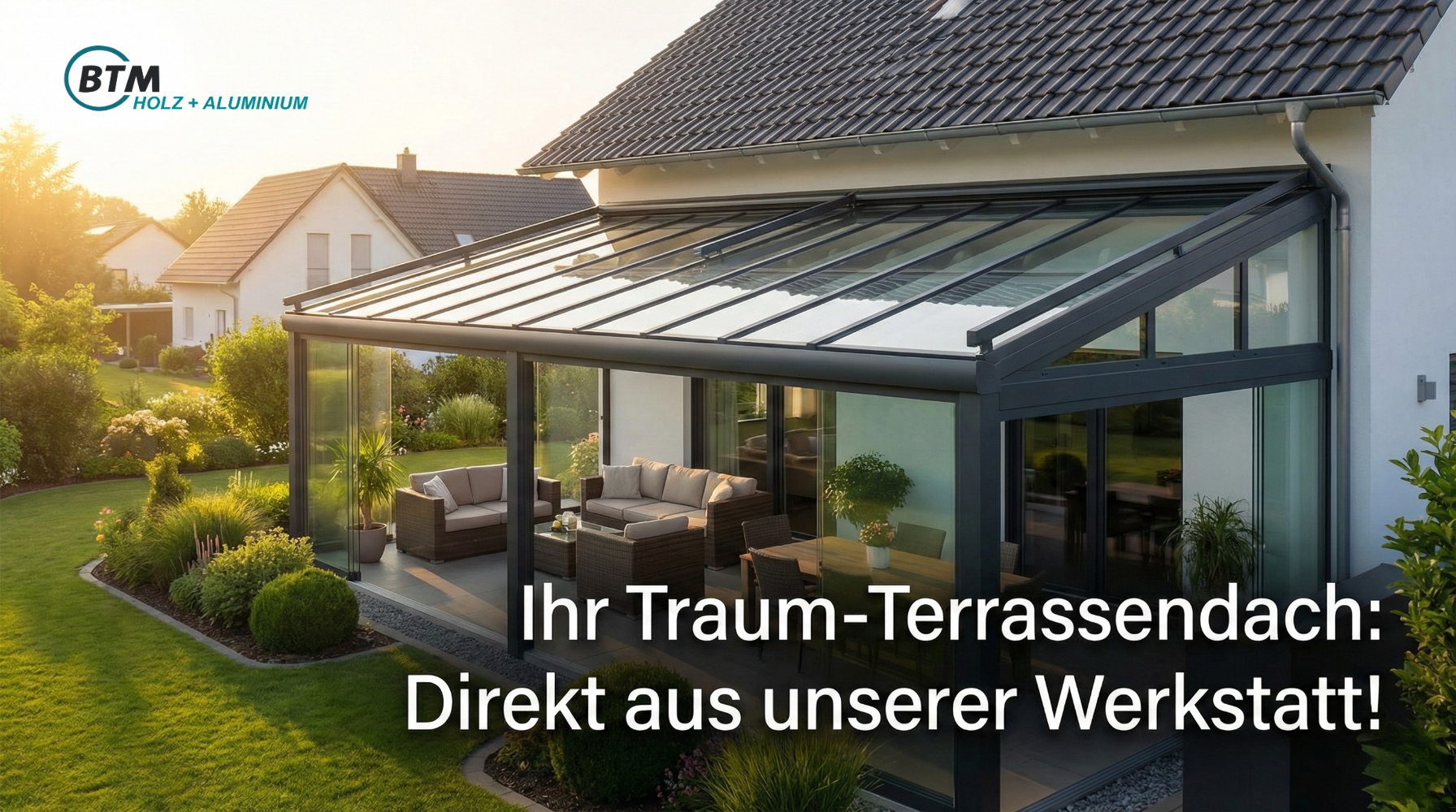Modernes Terrassendach aus Glas und Aluminium im Garten bei Sonnenuntergang, direkt von BTM Holz-Alu.