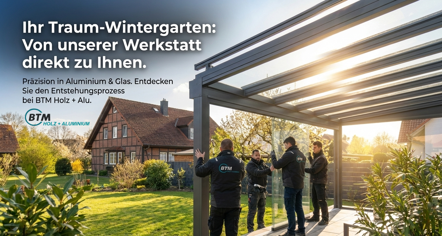 Maßgeschneiderter Wintergarten" und "BTM Holz + Alu Fertigung