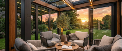 Innenansicht eines gemuetlich eingerichteten Kaltwintergartens mit geoeffneten Glasschiebetueren und Blick auf einen Garten bei Sonnenuntergang in Osterholz-Scharmbeck. Die Struktur besteht aus dunkelgrauem Aluminium und Holzverkleidung, gebaut von BTM. Subtiles BTM-Logo auf einem Posten