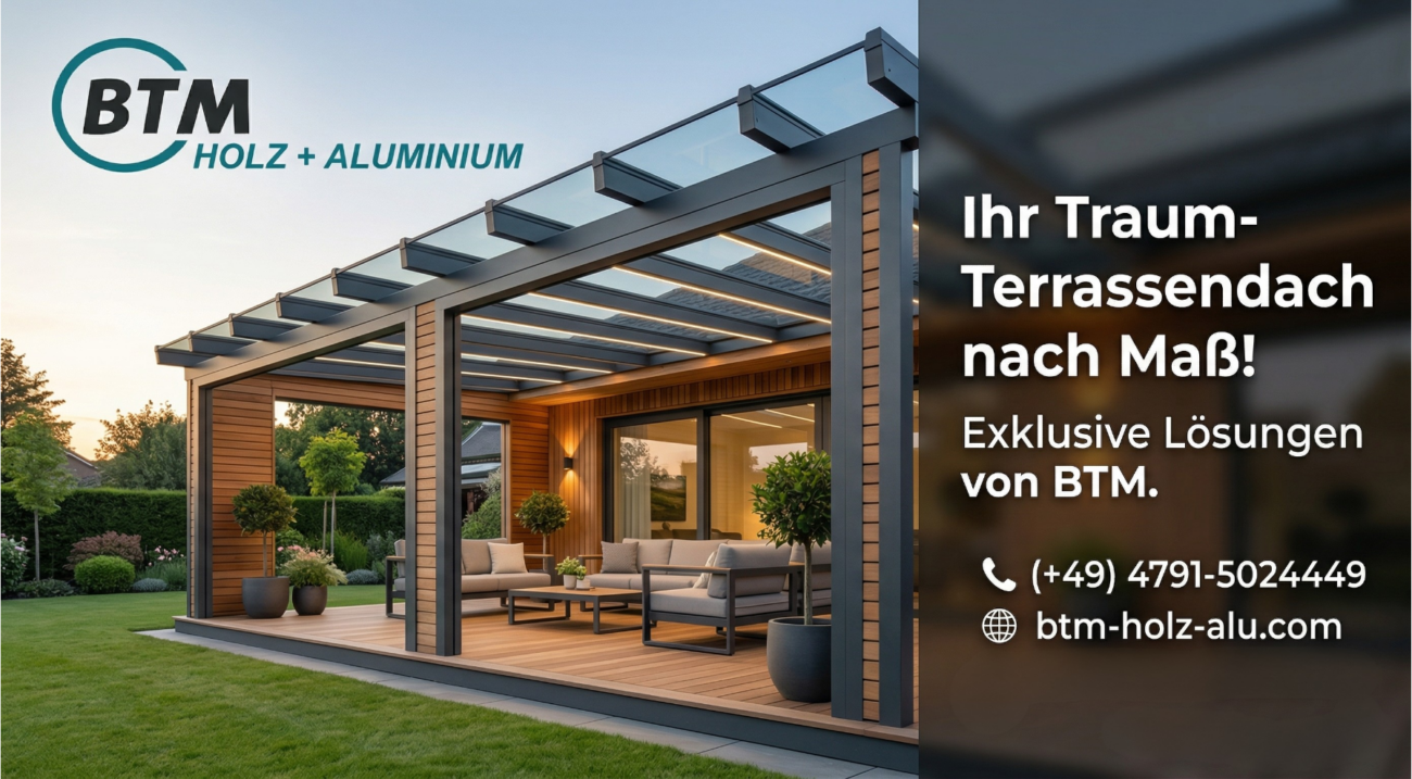 Eine maßgeschneiderte Terrassenüberdachung und ein Wintergarten von BTM Holz & Aluminium aus Osterholz-Scharmbeck. Die Konstruktion aus anthrazitfarbenem Aluminium und Holzverkleidung verfügt über ein integriertes Glasdach, einen modernen Lounge-Bereich mit Gartenmöbeln, einen Außenkamin und das BTM-Logo.