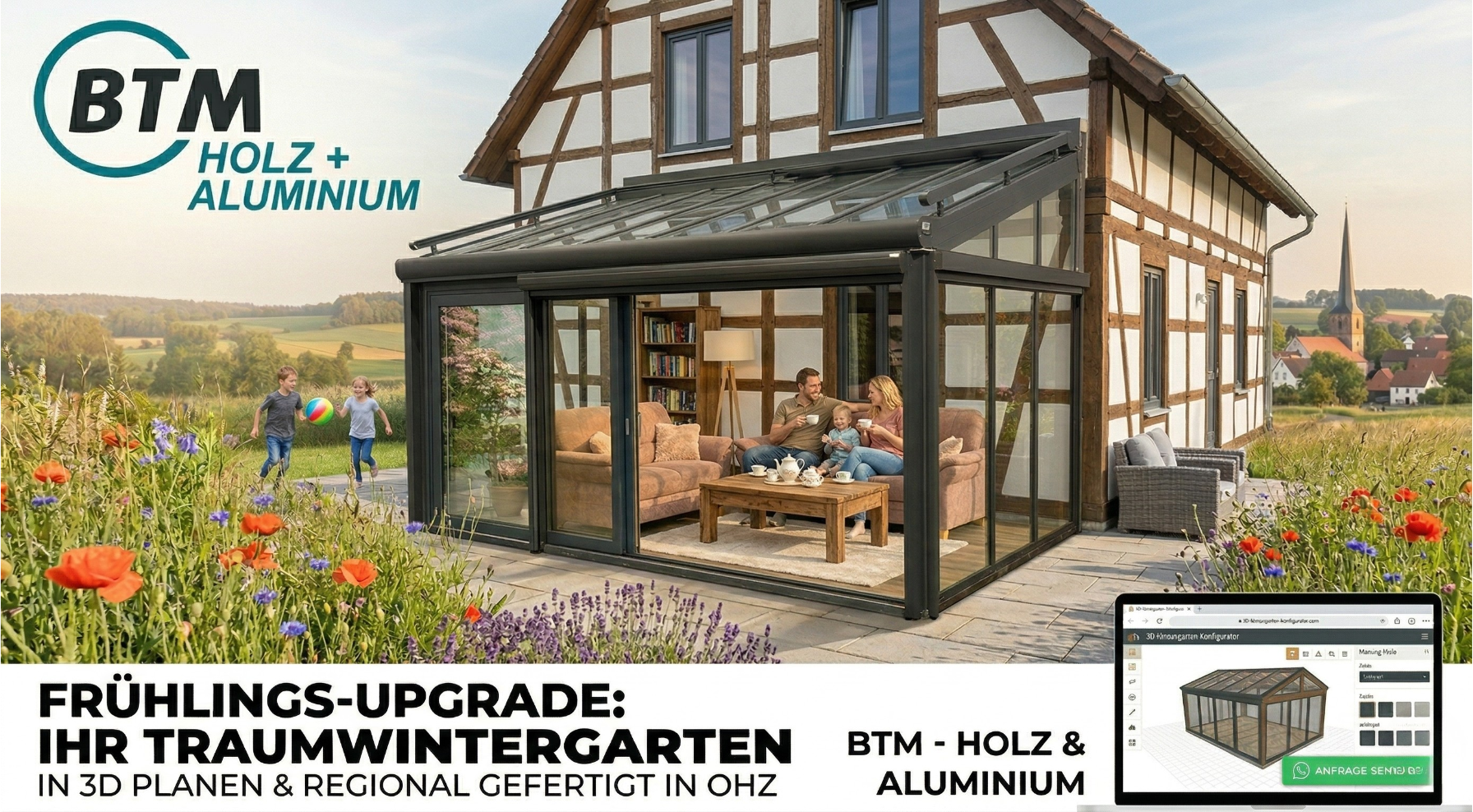 "Wintergarten Preise und 3D-Konfigurator von BTM Holz-Alu – Regionale Fertigung in Osterholz-Scharmbeck für Terrassenüberdachungen aus Glas und Aluminium."