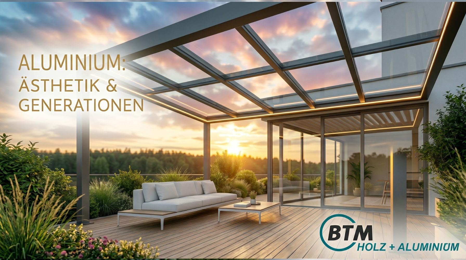 Moderne luxuriöse Dachterrasse bei Sonnenuntergang mit einer hochwertigen Aluminium-Glas-Überdachung von BTM. Das Bild zeigt eine weiße Lounge-Garnitur, integrierte LED-Beleuchtung im Rahmen und den Slogan „ALUMINIUM: ÄSTHETIK & GENERATIONEN“. Im Hintergrund ist eine idyllische Naturlandschaft zu sehen, unten rechts platziert ist das BTM Holz + Aluminium Logo.