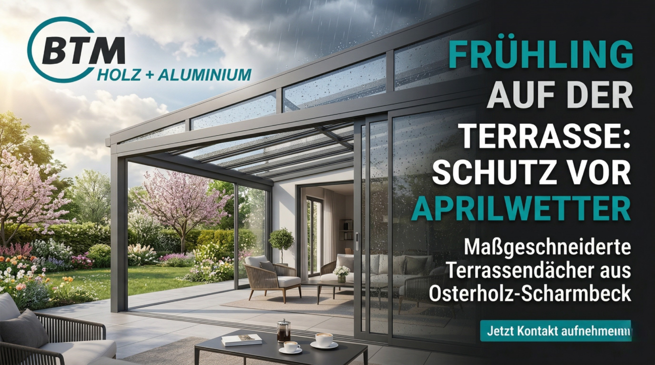 Modernes Terrassendach aus Aluminium und Glas von BTM, das eine gemütliche Terrasse stilvoll vor Frühlingsregen schützt.